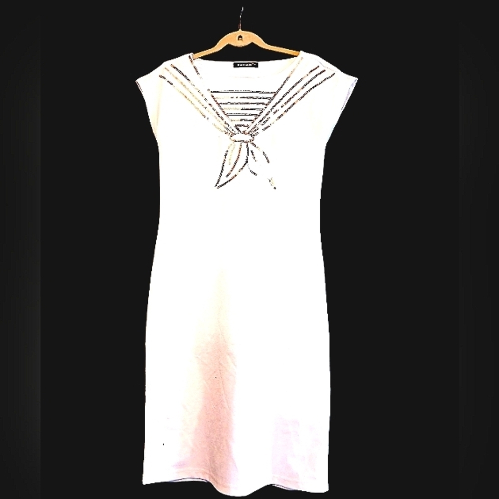 NWOT Black Mark WHITE Dress w / SILVER Sequin Nautical Bow